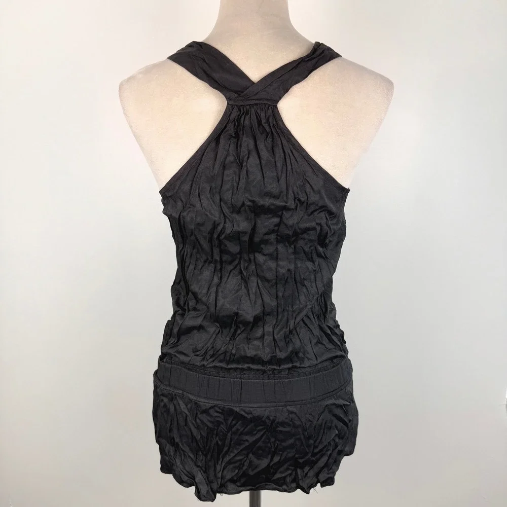 Mi ami Womens Black Crochet Lace Bib Tank Top Crinkle Drop Waist Front Tie Sz Sm